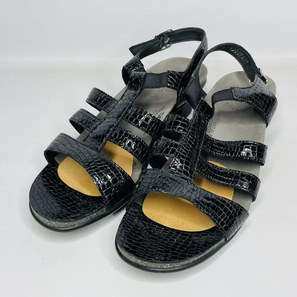 SAS Tripad Allegro Black Patent Leather Croc Snake‎ Print Heel Sandals Sz 10 N